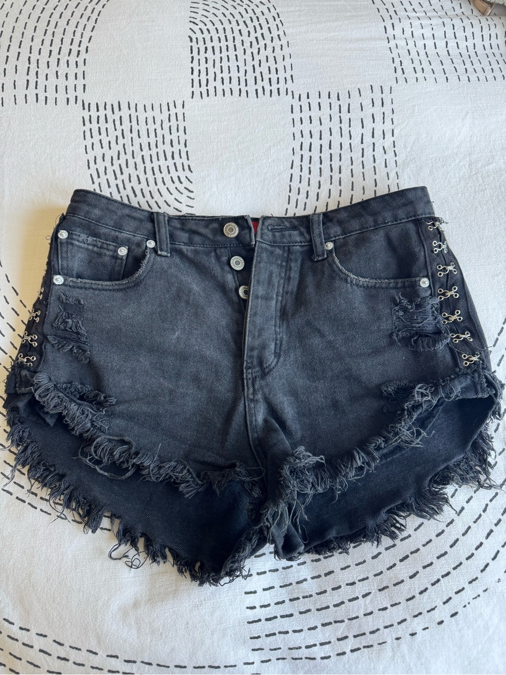 Black Distressed High-Waist Denim Shorts